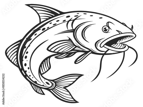 Black and White Line Art Jumping Catfish with Open Mouth leaping water