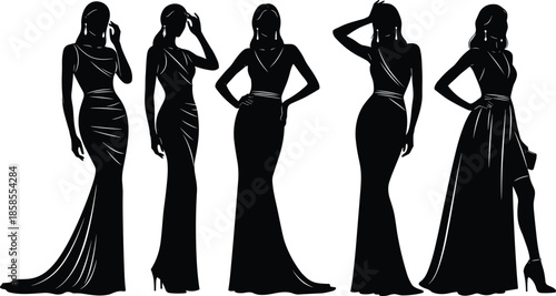 Women silhouette vector illustration, elegant evening gowns fashion figures, stylish dress design poses, luxury clothing artwork, black and white character collection