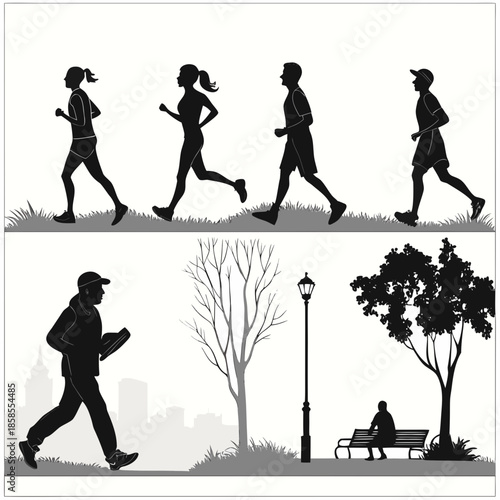 Silhouettes of runners and park scene