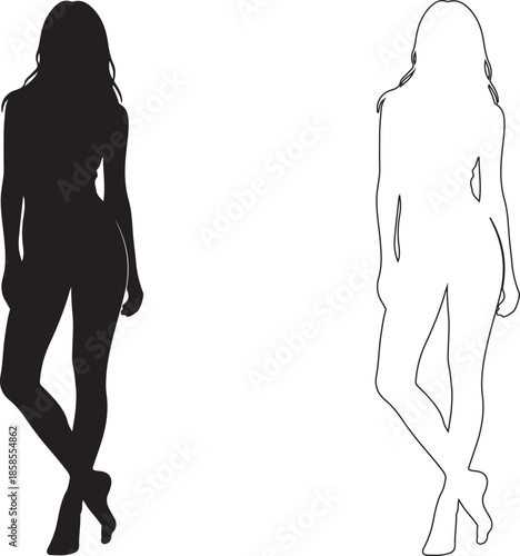 Elegant woman in black silhouette walking confidently alone