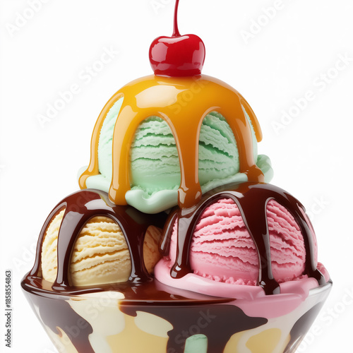 Luxury gourmet ice cream dessert featuring soft pastel scoops, rich chocolate and caramel glaze, fresh cherry topping, isolated white background, ultra-detailed realism, commercial food photography.