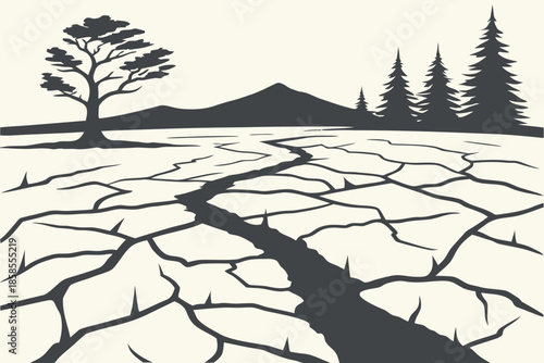 Desolate cracked earth landscape with trees and mountains, a stark vector illustration symbolizing drought and environmental crisis.
