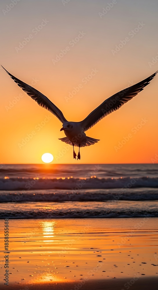 Naklejka premium Seagull Soaring Above Ocean Waves During Sunset.