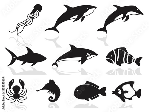 Black Silhouette Icons of Marine Animals and Sea Creatures jellyfish dolphin