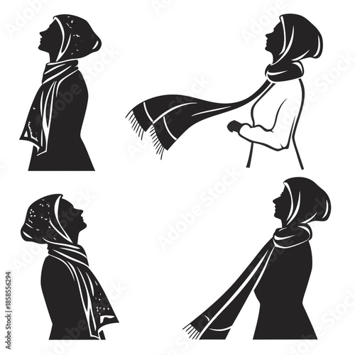 Silhouettes of people wearing scarves