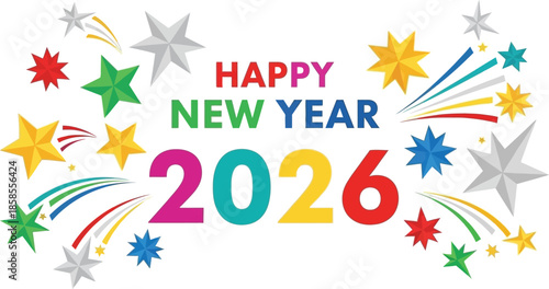 Festive new year celebration with colorful stars and the year 2026