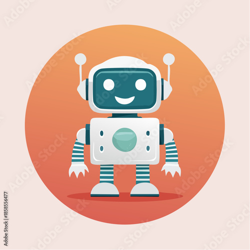 A cute cartoon robot with a smiling face, standing in front of an orange circle background.