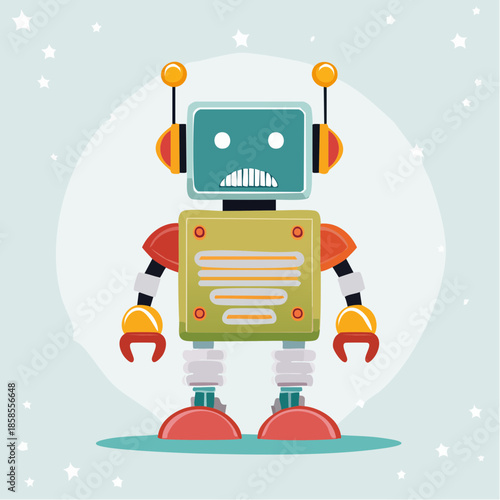 Cartoon robot with a sad expression, standing against a light blue background with stars.