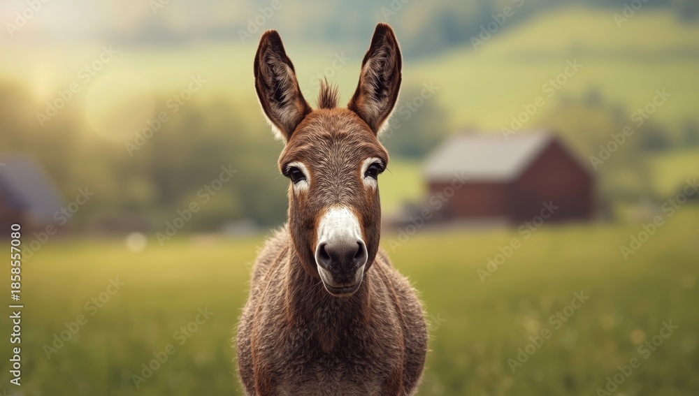 Fototapeta premium Farm animal portrait showing a donkey in a rural German setting, focused on animal care