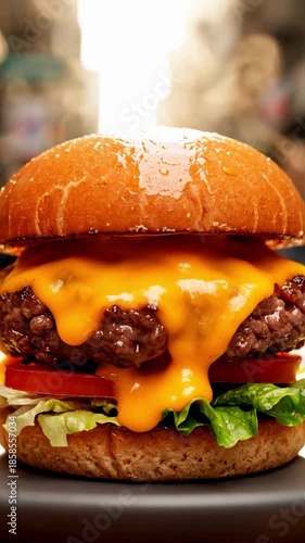 A juicy cheeseburger on a toasted bun with melted cheese and fresh lettuce and tomato on a plate