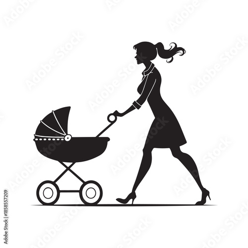 Mother with Stroller Icon Silhouette.