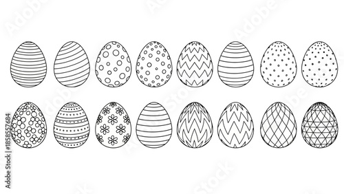 A collection of 18 intricately decorated Easter eggs, each with a unique pattern, presented in two rows.