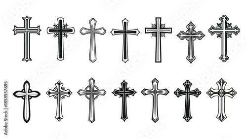 A collection of 16 different ornate Christian cross designs in black and white, presented in two rows.