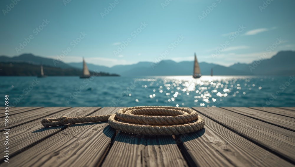 Fototapeta premium Sailing rope on a wooden dock pier with sailing boats in the background, emphasizing maintenance and durability