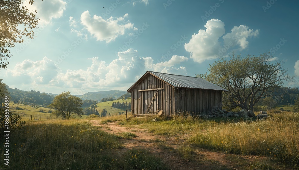 Fototapeta premium Wooden shed in a quiet countryside setting during daylight, ideal for UI backdrop or editorial header