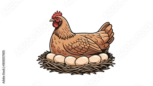 A brown hen is sitting on a nest of eggs, incubating them.