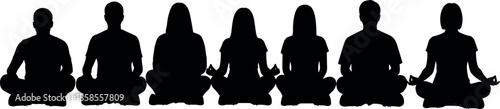 Group of diverse people silhouettes sitting in lotus yoga pose practicing meditation and mindfulness in a row on white background
