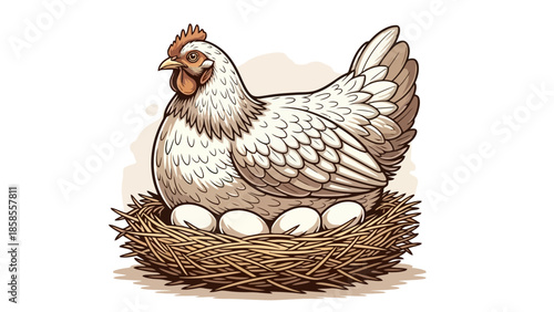 A detailed illustration of a white hen sitting on a nest of eggs.