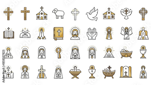 A collection of religious icons representing Christian symbols, including crosses, churches, biblical figures, and nativity scenes.