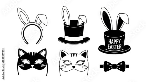 A collection of black and white graphic illustrations of Easter and animal-themed costume accessories, including bunny ears, masks, and a bow tie.