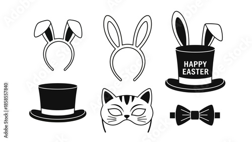 A collection of black and white illustrations of Easter-themed accessories, including bunny ears, top hats, a cat mask, and a bow tie.