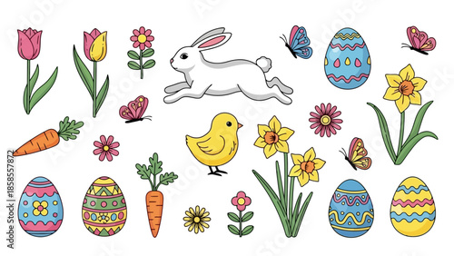 A vibrant collection of Easter-themed illustrations featuring a hopping bunny, a chirping chick, colorful decorated eggs, blooming tulips and daffodils, carrots, and fluttering butterflies.