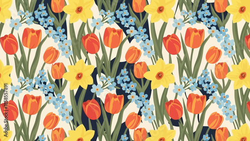 A vibrant and cheerful seamless pattern featuring a dense arrangement of blooming tulips and daffodils interspersed with delicate blue forget-me-nots.