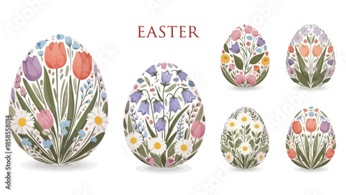 Beautifully decorated Easter eggs adorned with intricate floral patterns of tulips, daisies, and bluebells, set against a white background.