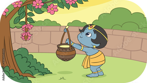 Cheerful Krishna Holding a Pot of Curd Near a Stone Wall and Garden Hindu deity Indian mythology