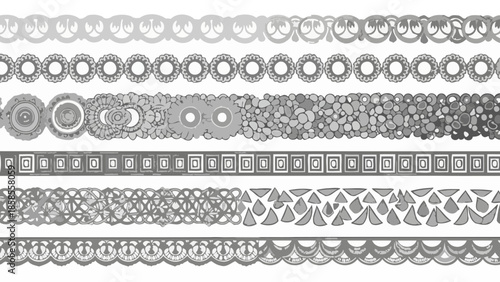 A collection of intricate, monochromatic decorative borders and patterns, showcasing diverse geometric and organic designs.