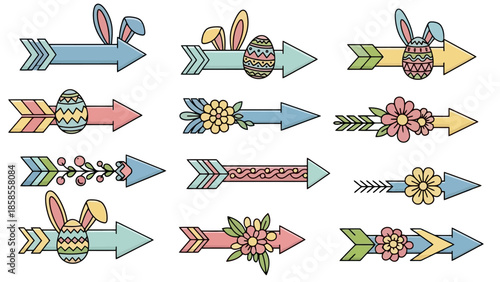 A collection of colorful Easter-themed arrow illustrations, featuring bunny ears, decorated eggs, and floral elements, presented in a horizontal layout.