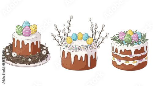 Three beautifully decorated Easter cakes, each adorned with colorful painted eggs and festive spring elements like pussy willows and greenery.