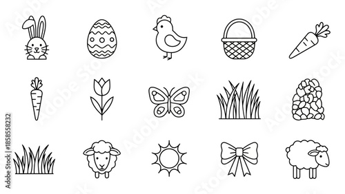 A collection of charming line art icons representing various Easter and spring themes, including a bunny, egg, chick, and flowers.