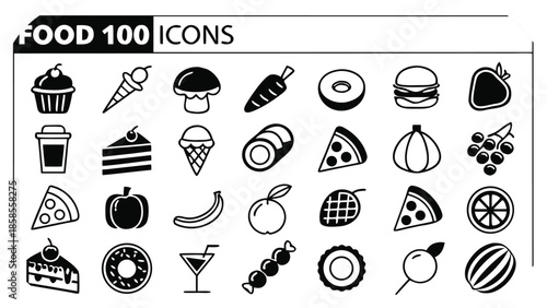 Collection of 100 Black and White Food Icons for Design and Illustration vector