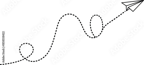 Paper plane flying on dotted line path with loops and curves, concept of travel, innovation, direction, startup journey, and imagination.