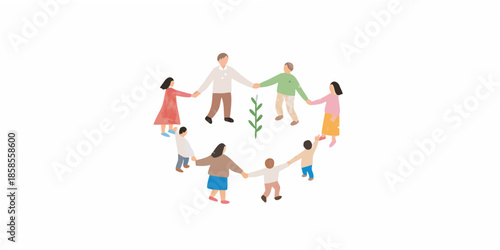 People holding hands in a circle around a small plant illustration