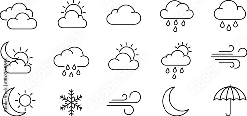 Set of fifteen minimalist weather icons, black outline symbols for sun, rain, clouds, wind, and moon, isolated on white background,