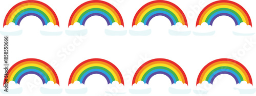 Set of eight colorful rainbow icons with white clouds, vibrant multi-colored spectrum arches isolated on white background for kids design,