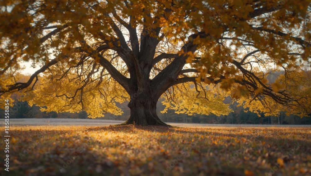 Fototapeta premium Autumn scene featuring yellowing foliage and parched grass, reflecting seasonal transition