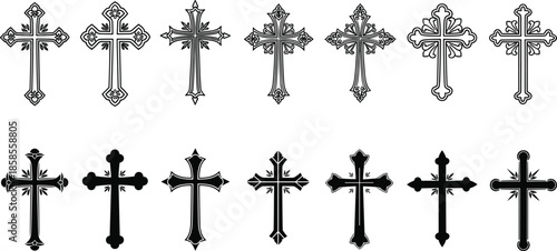 Set of fourteen decorative christian cross icons, black and white gothic religious symbols, ornate crucifix illustrations isolated on white background,