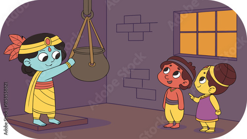 Cartoon scene of a blue-skinned figure in yellow attire holding a pot for two children illustration blue skin