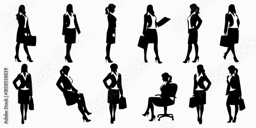 Silhouettes of businesswomen in various poses and professional attire