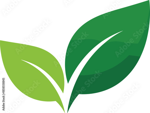 Two green leaves icon representing nature, ecology, organic growth, environment, sustainability, eco friendly concept, herbal medicine, natural health, and clean energy.