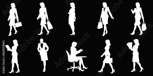 Silhouettes of business people in various poses against a dark background