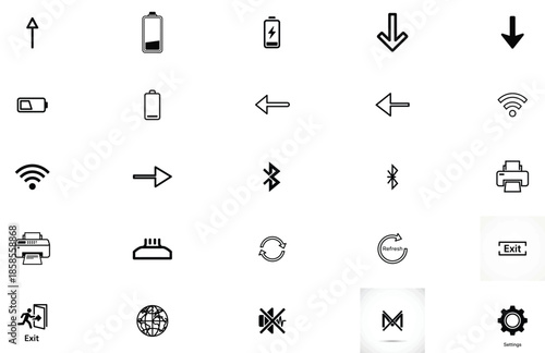 Collection of simple black icons on white background representing various symbols and actions