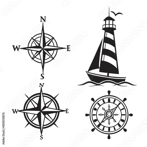 Nautical compass and lighthouse
