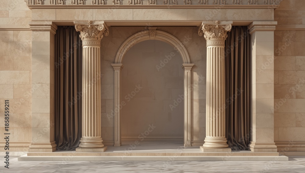 Fototapeta premium Carved logo pillars made of stone wrapped in black cloth, used in formal or promotional settings, Earth Day