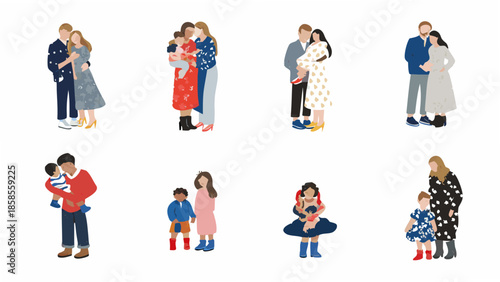 Stylized illustrations of diverse families embracing and spending time together