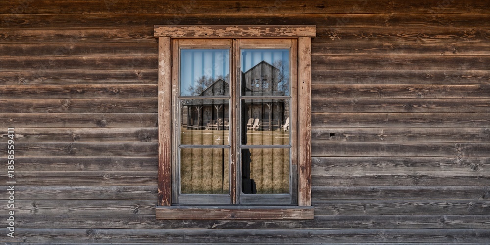 Obraz premium Weathered wood window and wall, rustic building exterior emphasizing age and material decay, heritage site preservation