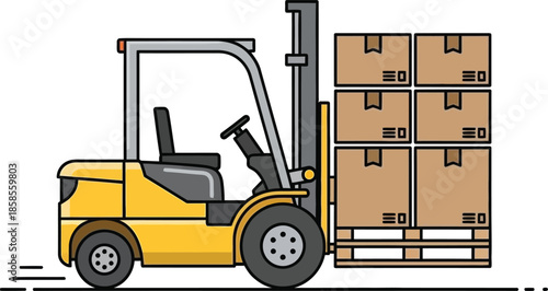 A yellow forklift truck is lifting and transporting cardboard boxes on pallets